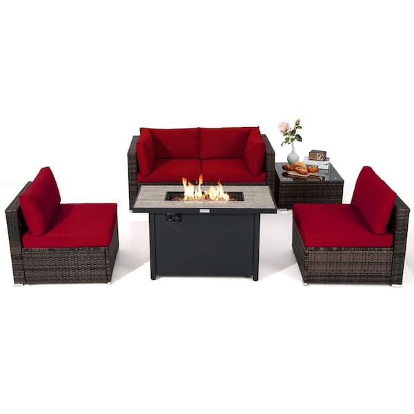 HONEY JOY 6-Piece Wicker Patio Conversation Set with 60,000 BTU Gas Fire Pit Table and Tempered Glass Coffee Table & Red Cushions
