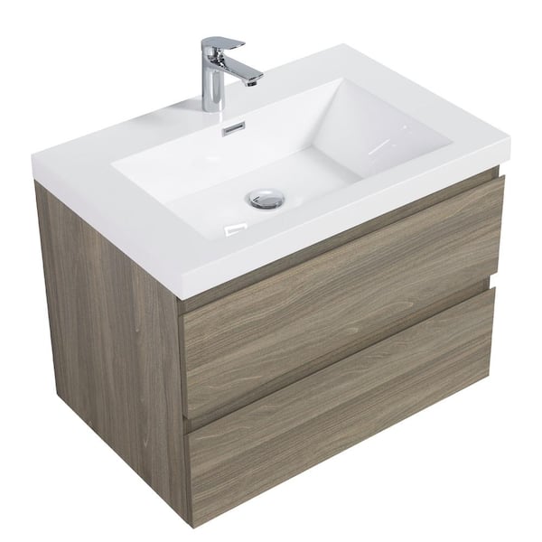 Alice 30 in. W x 20 in. D x 22 in. H Single Floating Bathroom Vanity in Ash Grey with Solid Surface Sink Top in White