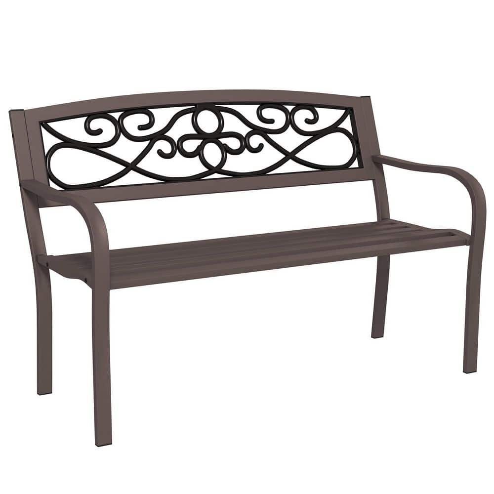 Outdoor Bench with Floral Design Backrest, Metal Bench, Brown