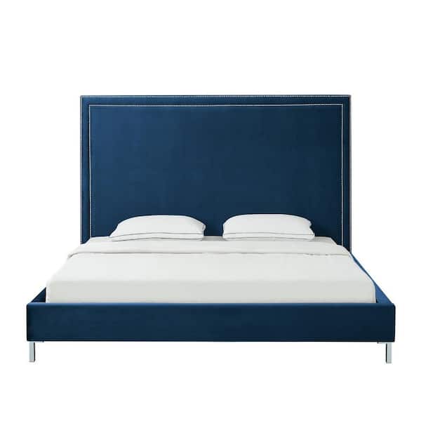 Blue Wood Frame King Panel Bed with Nail Head Trim; Upholstered