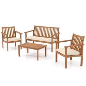 4-Pieces Wood Patio Conversation Set with Loveseat 2 Chairs and Coffee Table for Porch Patio White Cushions