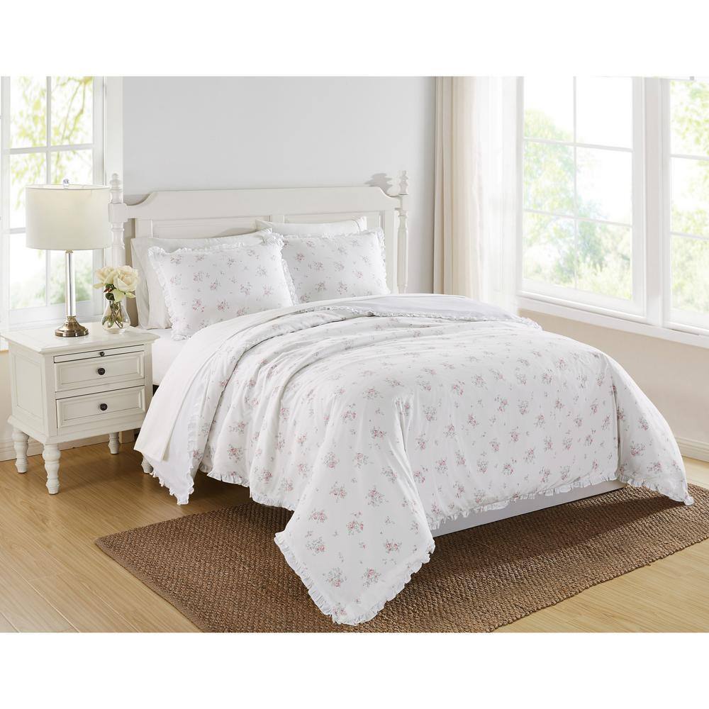 Rosebury White and Pink Cotton Ruffled Full/Queen Duvet Set