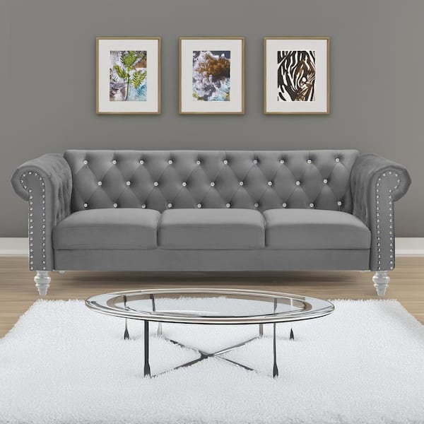 New Classic Furniture Emma 81 in. Rolled Arm Polyester Crystal Rectangle Sofa in Gray