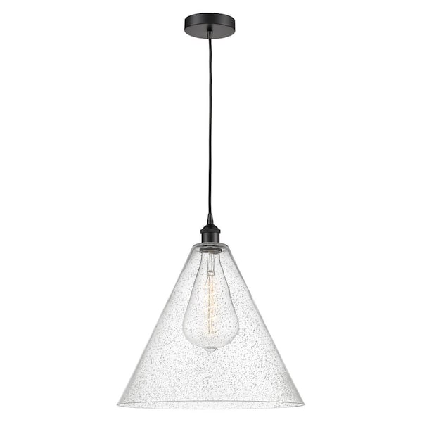 Edison Cone 60-Watt 1-Light Matte Black Shaded Mini Pendant Light with Seeded Glass Shade