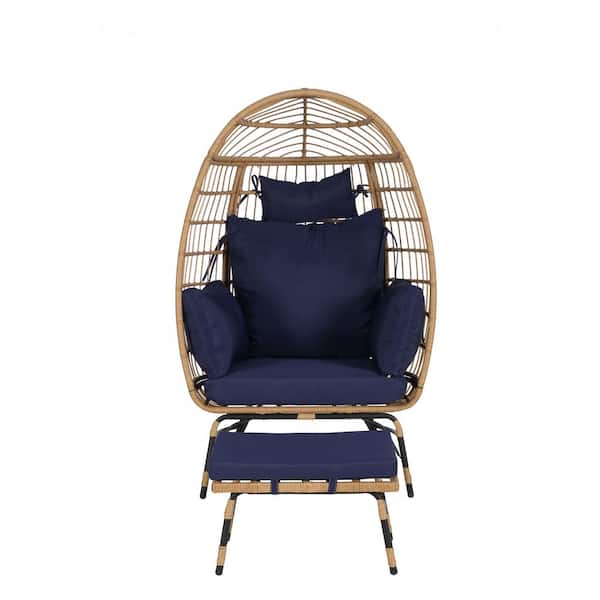 Wicker Oversized Large Egg Chairs with Ottoman and Dark Blue Cushions, Indoor or Outdoor
