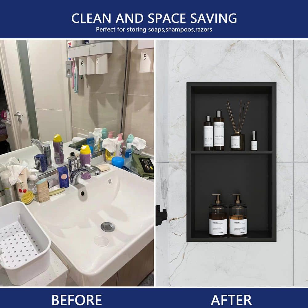 Matte Black Stainless Steel Wall Mount Shower Niche with Double Shelf