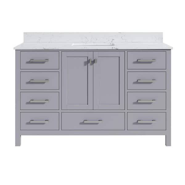StarrySky 54 inch Undermount Single Sink Freestanding Bath Vanity in Gray with White Engineered Stone Top