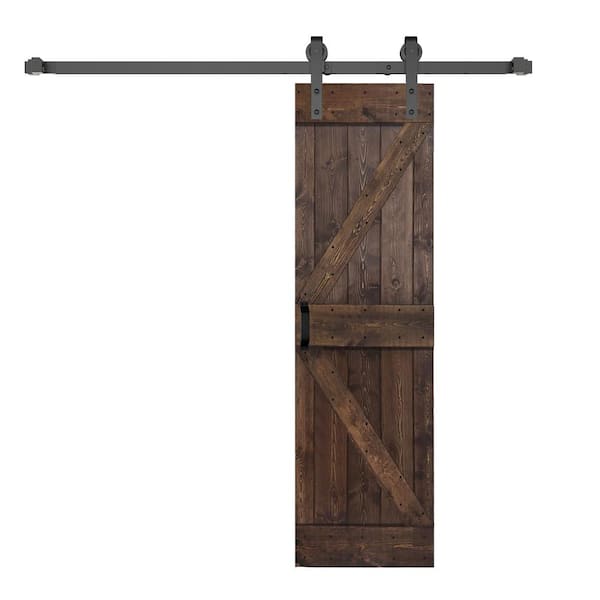 ISLIFE K Style 28 in. x 84 in. Kona Coffee Finished Soild Wood Sliding Barn Door with Hardware Kit - Assembly Needed