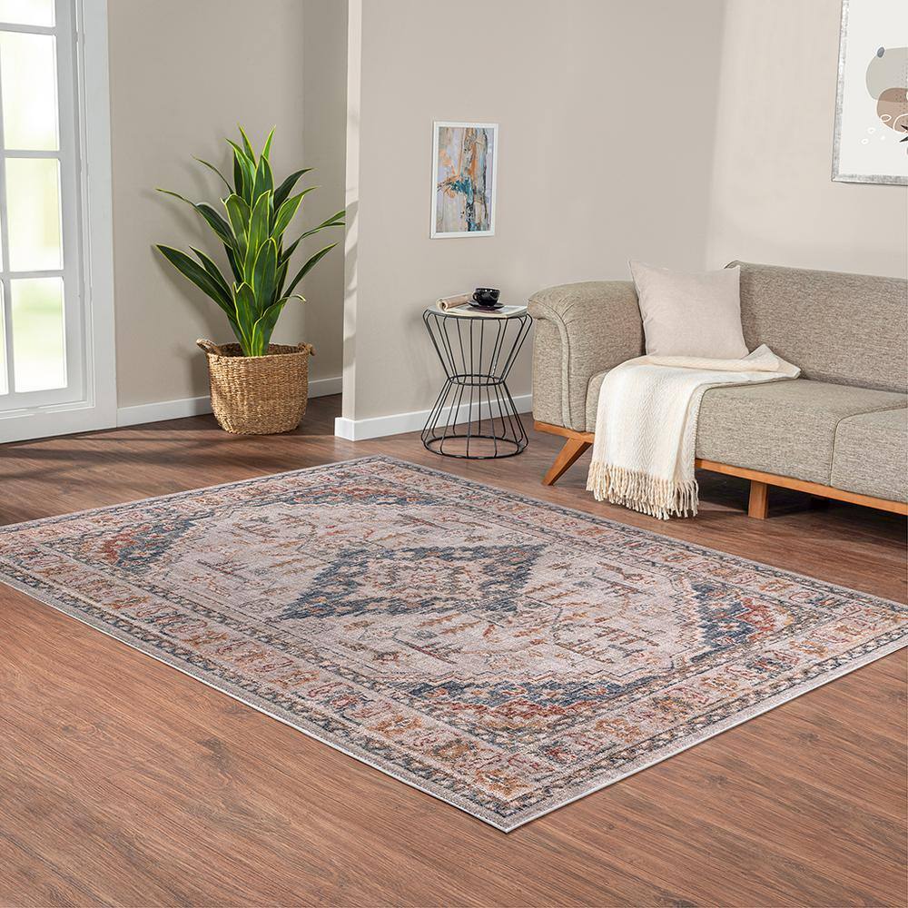 Blue and Beige Medallion Synthetic 8' x 10' Area Rug