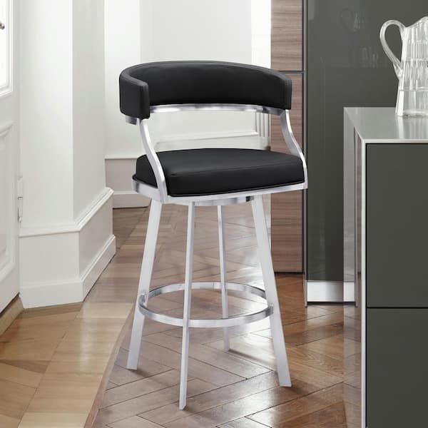 Armen Living Romilly Contemporary 30 in. Bar Height in Brushed Stainless Steel Finish and Black Faux Leather Bar Stool