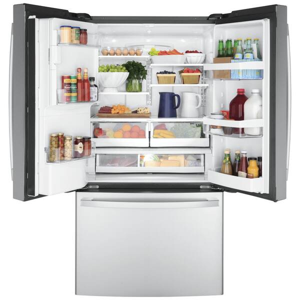 Ge 22 1 Cu Ft French Door Refrigerator In Fingerprint Resistant Stainless Steel Counter Depth And Energy Star Gye22gynfs The Home Depot