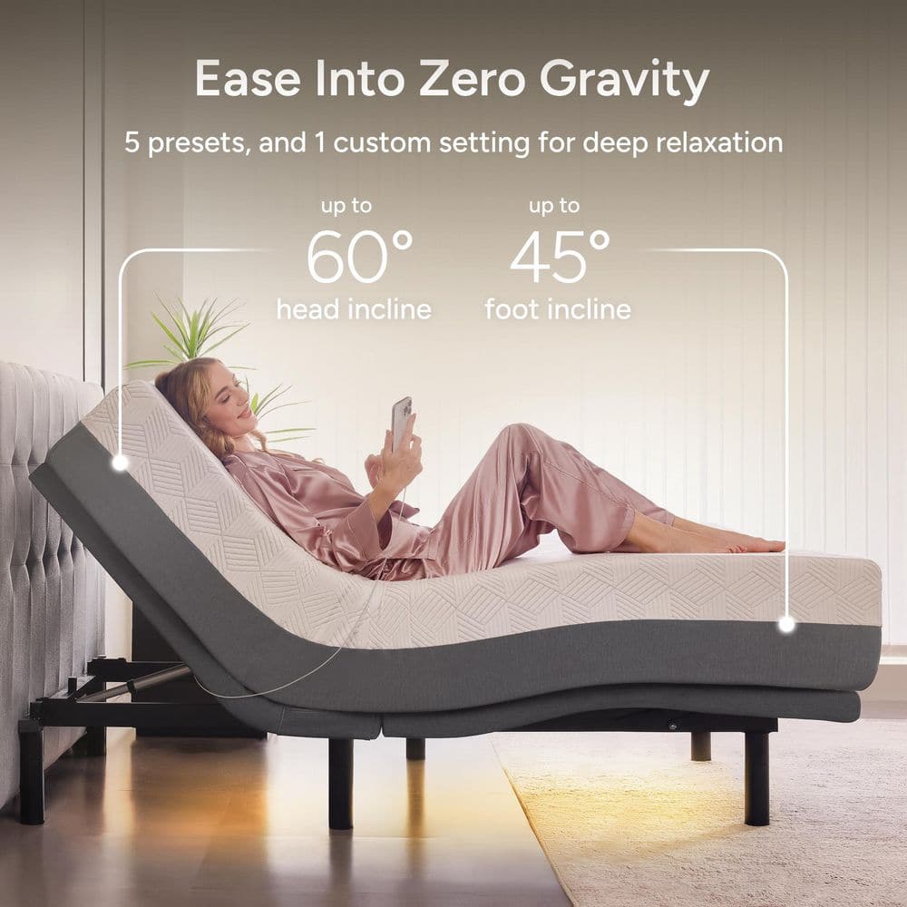 Gray King Adjustable Bed Frame, Massage, Wireless Remote/APP, USB Ports, Under-Bed Light, Head/Foot Incline - thumbnail 4