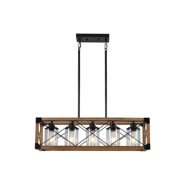 Keazile Tryns 32 in. 5-Light Matte Black Farmhouse Chandelier Light Fixture with Clear Glass Shade