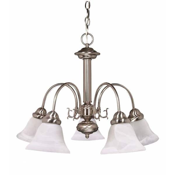 SATCO 5-Light Brushed Nickel Chandelier with Alabaster Glass Bell Shades