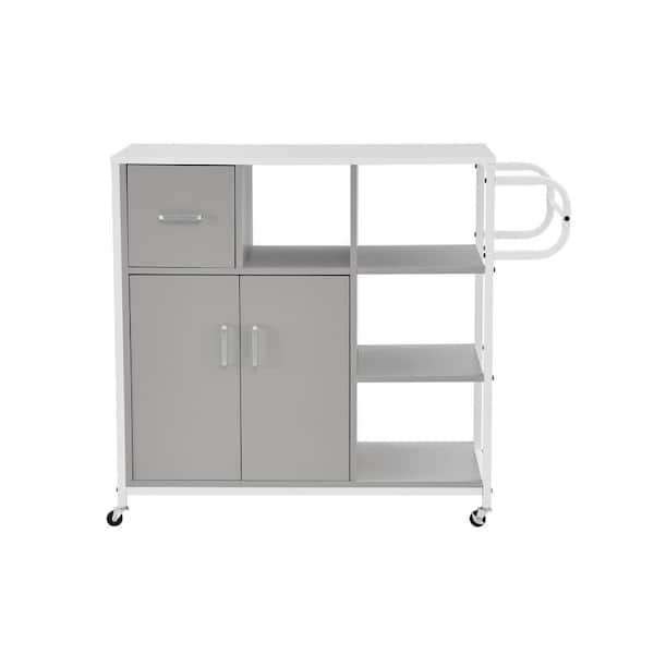 Cesicia Gray Solid Wood Top 35.43 in. W Kitchen Island on 4 Wheels with Open Shelves