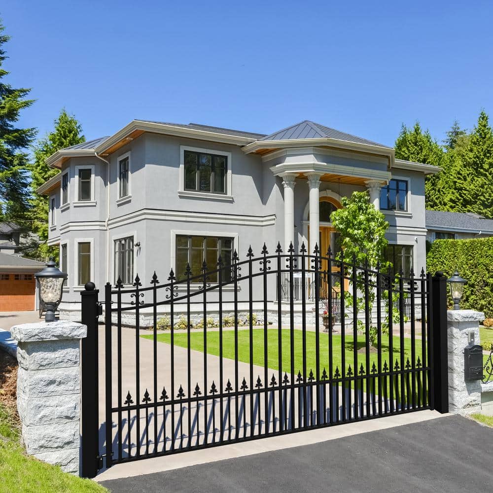 St. Louis Style Black Steel Arched Driveway Gate - 14 x 6 Feet