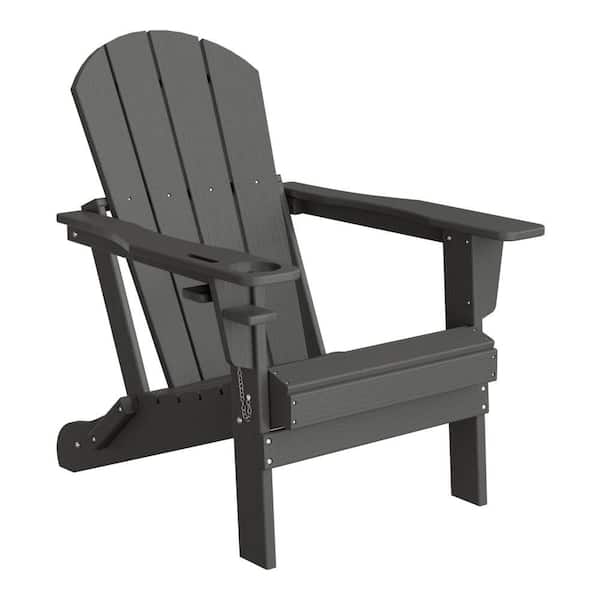 Alvaro Outdoor Patio Weather Proof HDPE Plastic Folding Adirondack Chair with Cup Holder, Gray