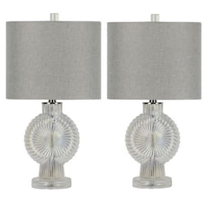 Pair of 22 in. Clear Crystal Sunburst Table Lamp with a Designer Grey Oval Linen Shade