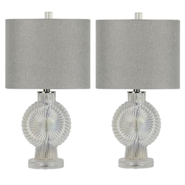 Fangio Lighting Pair of 22 in. Clear Crystal Sunburst Table Lamp with a Designer Grey Oval Linen Shade
