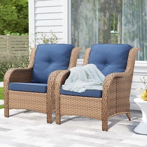 ArcoBay Metal and Yellow Wicker Outdoor Lounge Chair with Olefin Navy Blue Cushions (2-Pack)