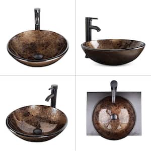 16.5 in . Vessel Bathroom Sink in Brown Glass Round with Faucet Pop Up Drain Set With Hand-Painted Pattern