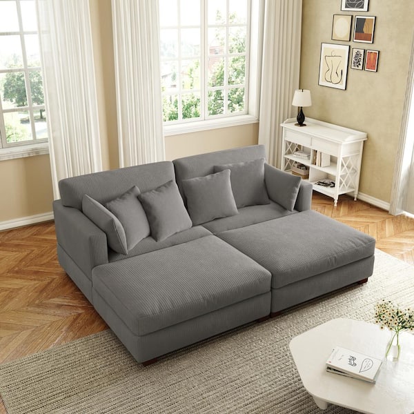 88 in. W Modern Square Arm Corduroy Upholstered Sectional Sofa in Light Gray with 4-Square Pillows