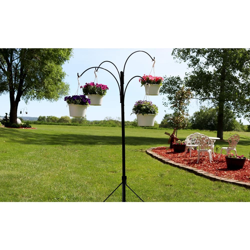 84" Black Powder-Coated Steel 4-Arm Hanging Basket Plant Stand
