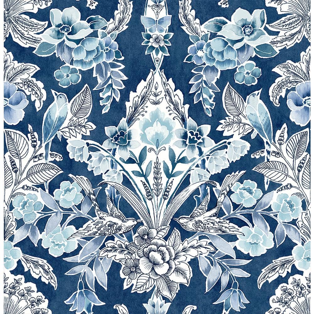 Vera Blue and Off-White Floral Damask Wallpaper