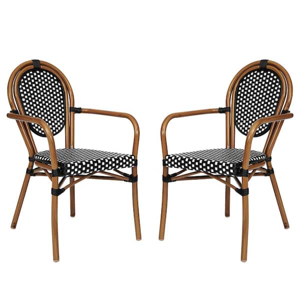 Brown Aluminum Outdoor Dining Chair in Black Set of 2