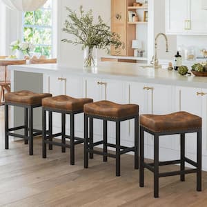 24 in. Yellow Brown Counter Height Saddle Bar Stool Faux Leather Cushion Backless Bar Stool with Metal Legs (Set of 4)