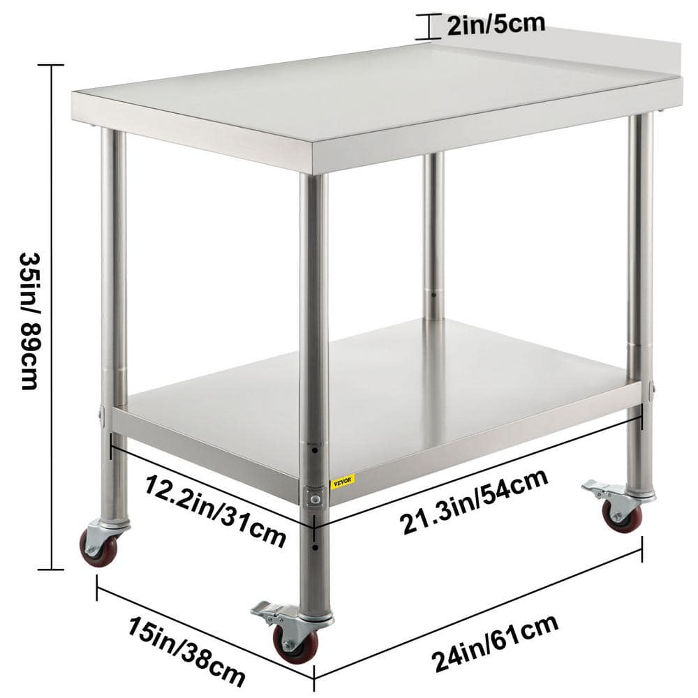 VEVOR 24" Stainless Steel Prep Table with Adjustable Shelf and Casters