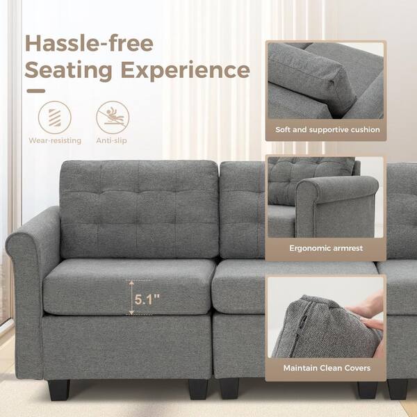 PHI VILLA 102.2 in. Modern Linen Sectional Sofa in Gray with