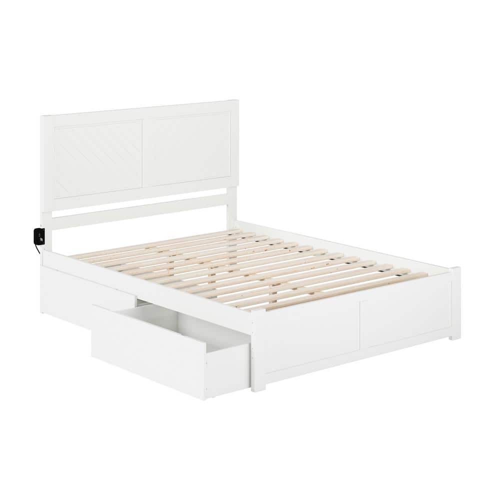 White Wood Queen Platform Bed with Storage Drawers and Chevron Headboard