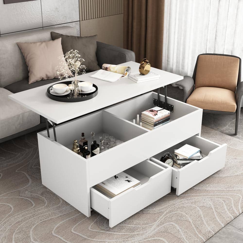FUFU&GAGA 45.3 Rectangle MDF Wood Lift Top Coffee Table with Hidden Storage Shelf and 2-Drawers KF200019-01 - The Home