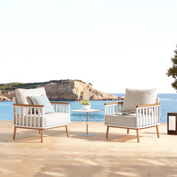 Calarono 29 in. Teak and Aluminum Patio Accent Arm Chair Set of 2 Sand Dune Chenille