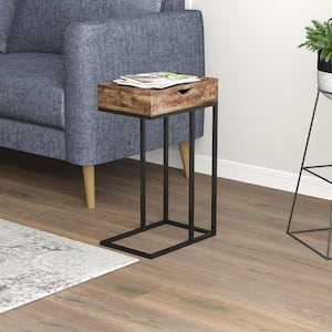 Accent Table Brown Reclaimed Wood Black Metal 1 Drawer C-Shaped 15.75L