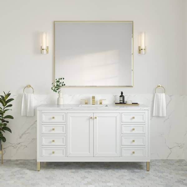 Chicago 60.0 in. Single Bath Vanity in Glossy White with Wireless Charging Ethereal Noctis Quartz Top