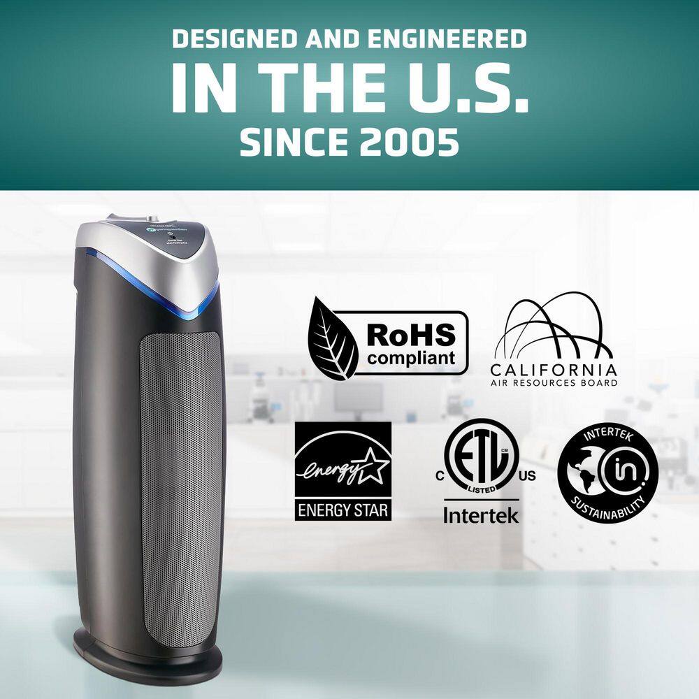 Black and Silver HEPA Tower Air Purifier with UV-C Light