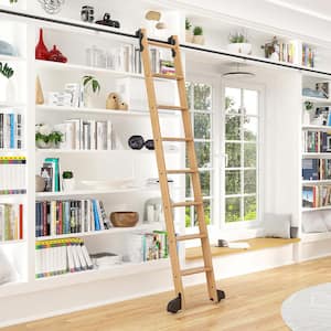 8 ft. Red Oak Library Ladder (9 ft. Reach) Black Contemporary Rolling Hook Hardware 12 ft. Rail and Horizontal Brackets