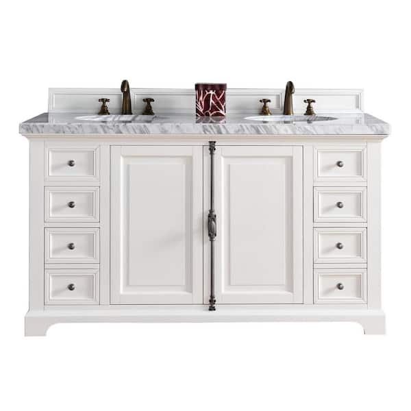 James Martin Vanities Providence 60 in. W Double Bath Vanity in Cottage White with Marble Vanity Top in Carrara White with White Basin