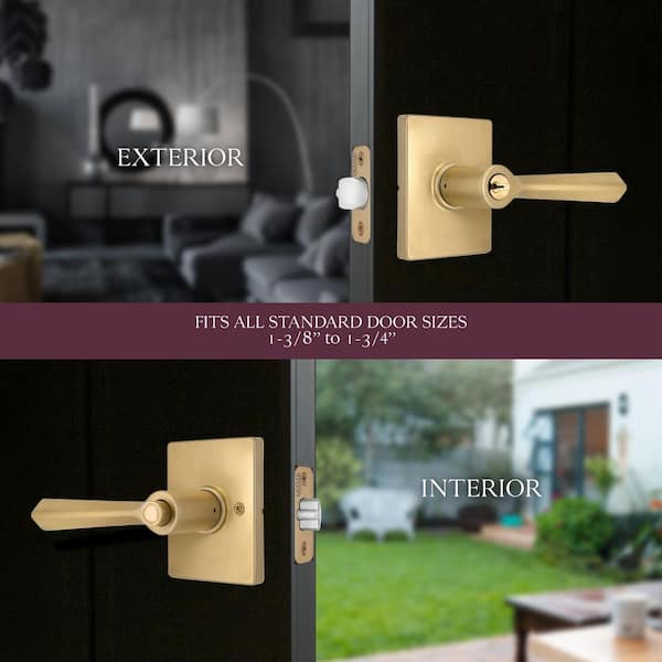 Wilshire Brushed Gold Keyed Entry Door Lever with Rectangle Rose Featuring Dual Keyway