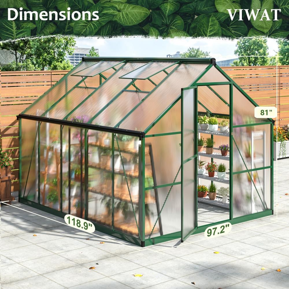 8x10 FT Green Polycarbonate Walk-In Greenhouse with Aluminum Frame