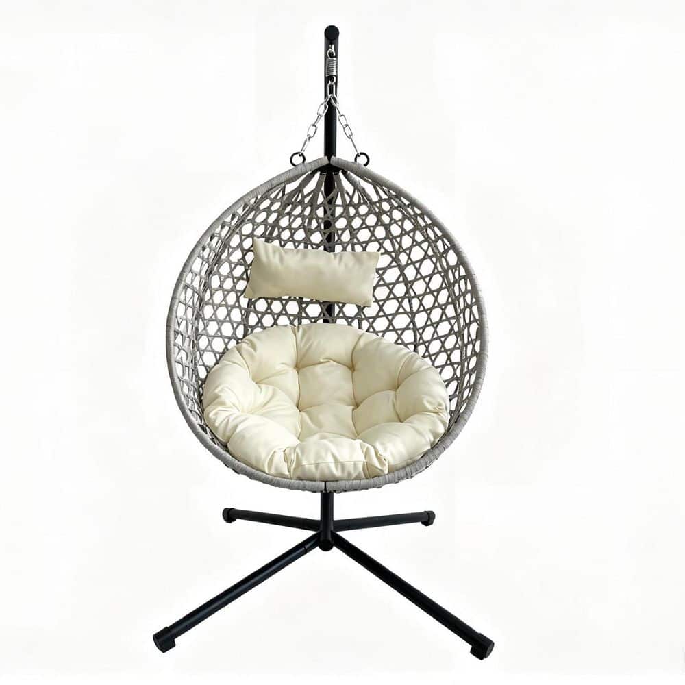 1-Person Outdoor Gray Foldable Swing Egg Chair with White Cushion Outdoor Patio Indoor Bedroom Balcony