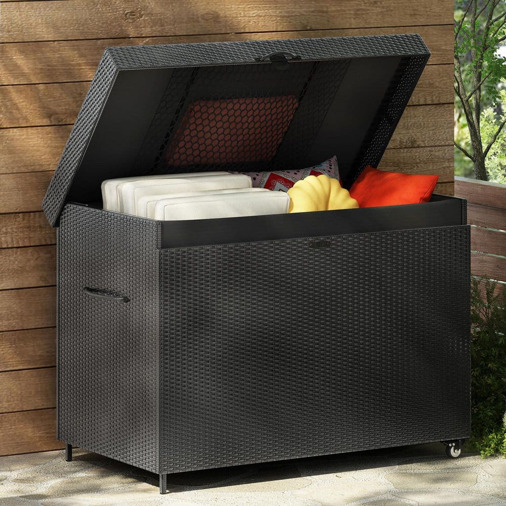 230 Gal. Black Wicker Deck Box with Wheels, All-Weather Outdoor Storage Box