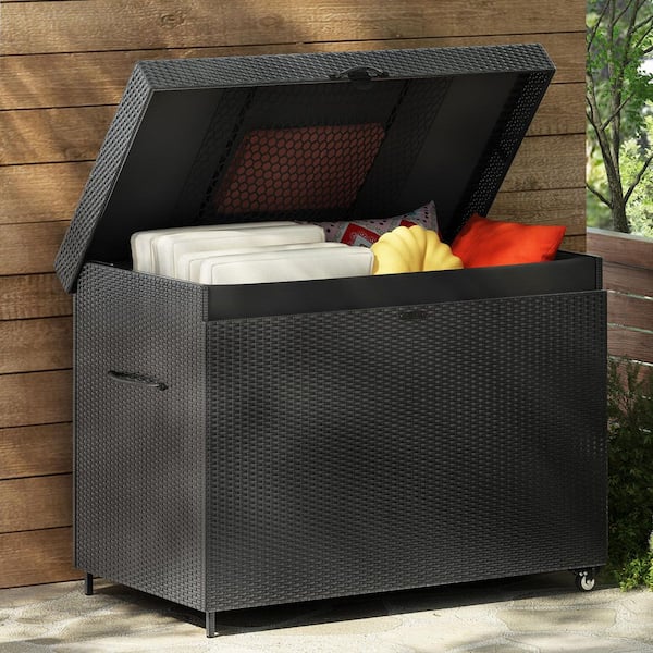 Unbranded 230 Gal. Black Wicker Deck Box with Wheels, All-Weather Outdoor Storage Box Storage Bin for Patio Furniture, Cushions