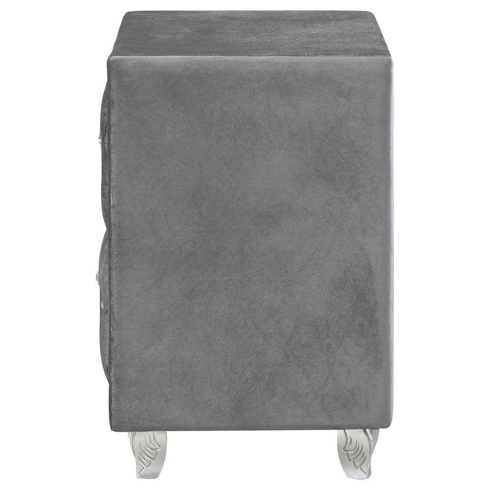 Gray Velvet 2-Drawer Nightstand with Crystal Pulls