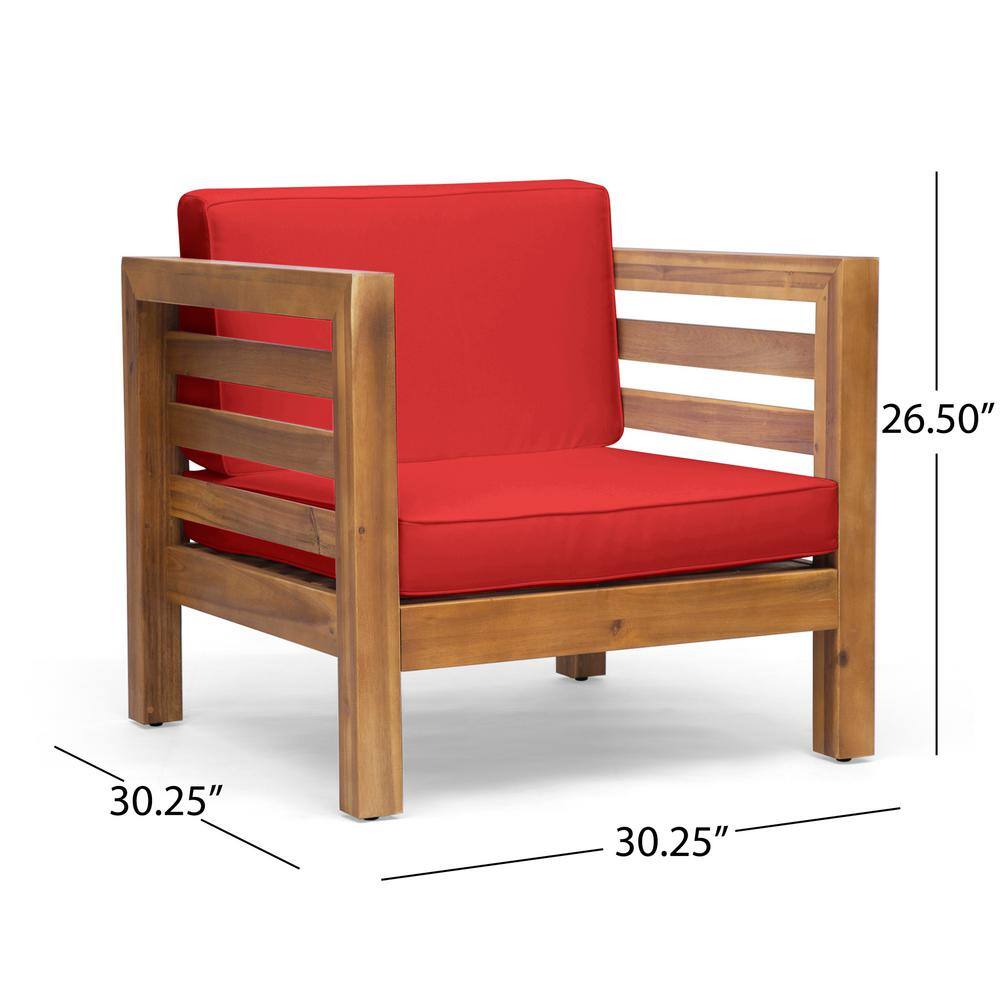 Teak Brown Lounge Chair with Plush Red Cushions