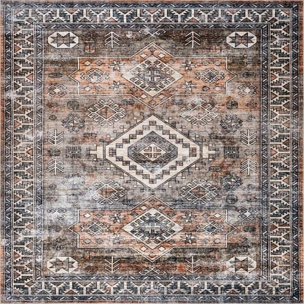 Faded Geometric Spill Proof Washable Rust 8 ft. x 8 ft. Indoor Area Rug