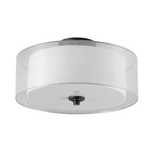 15 in. 2-Light Matte Black Semi-Flush Mount Ceiling Light with White Linen Inner Shade and White Organza Outer Shade