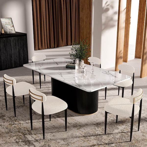Modern 7-Piece Faux Marble Dining Table Top with Boucle Armless Chairs in White Dining Room Set for Kitchen